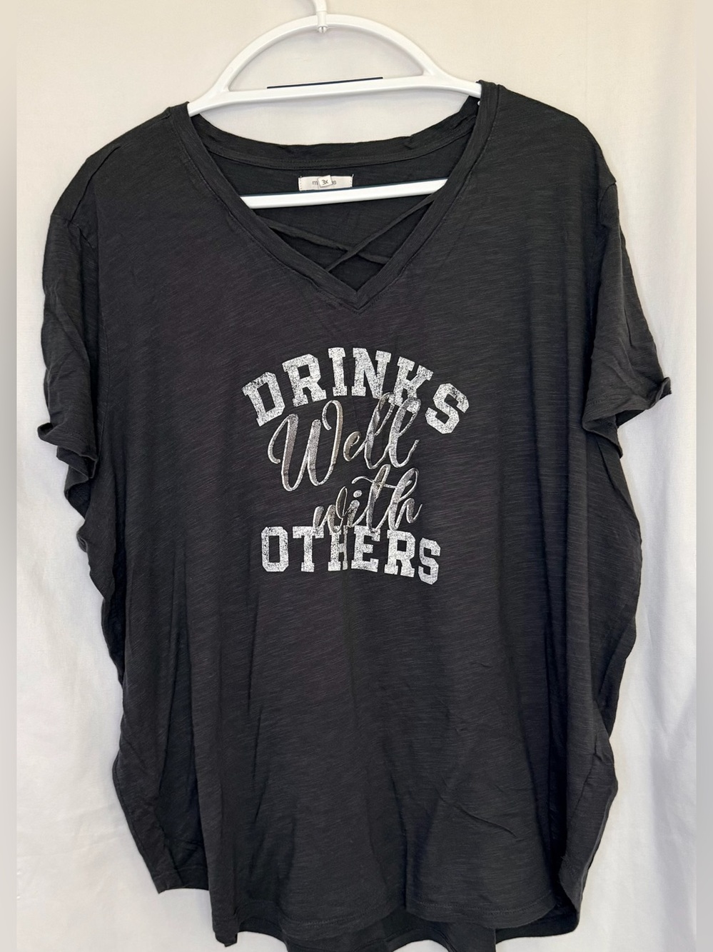 Maurices Charcoal V-Neck Graphic Tee with Crisscross Detail 3X